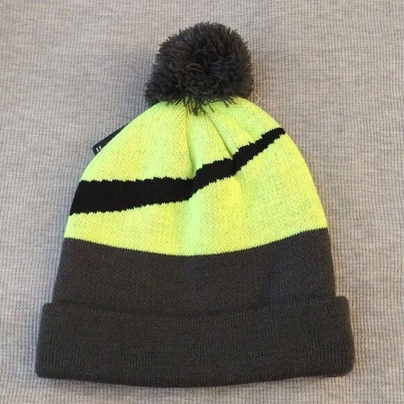 NIKE Big Kid's Volt Yellow Black Swoosh Pom Pom Knit Beanie NWT - Picture 7 of 15
